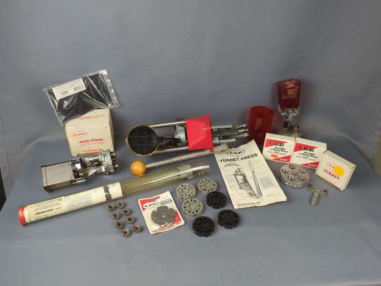 Lee Turret Press With Lee .38 Spl/ .357 Dies, Auto Prime, Quick Change Turrets, Shell Plate, Powder Measure Inserts (A, B, C, And D), Shell Holders, Case Feeder Tubes, And More image