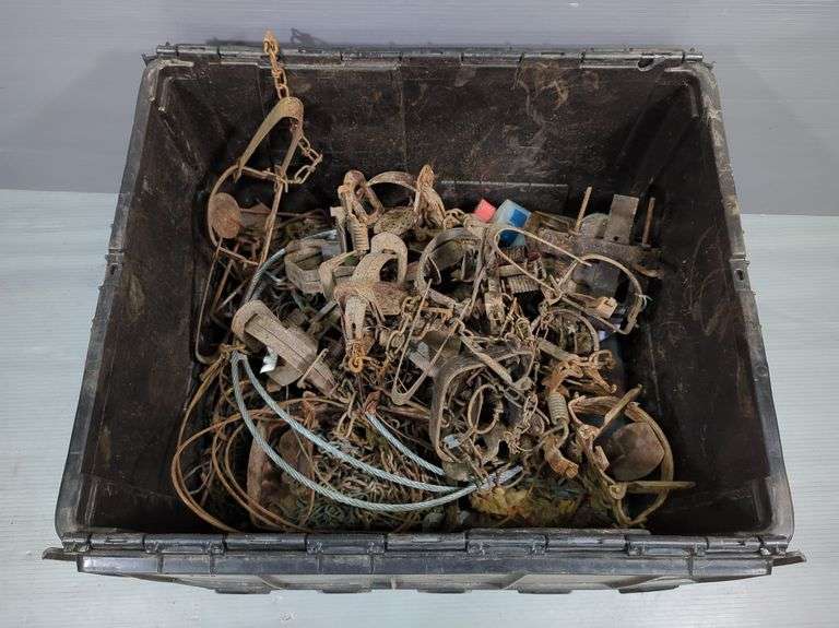 Animal Foothold Traps, Qty 17, Various Styles And Condition, With Snare Line And Foothold Trap Parts, Contents Of Tote image