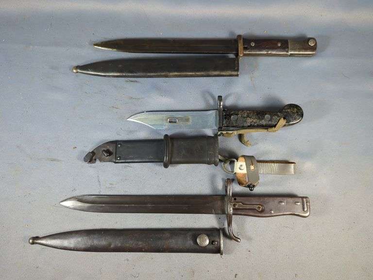 Russian AK47/59 Bayonet, 1942 German K98 Bayonet, And WW1 German Ersatz Bayonet, All In Scabbards image