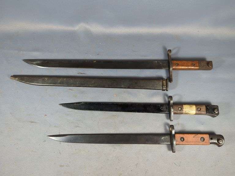 British India MKIII Dated 5 45 Bayonet, British India MKII Dated 6 42 Bayonet, And Japanese Last Ditch Bayonet In Scabbard image