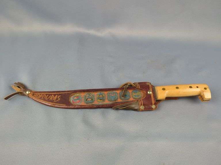Central American Country Themed 12" Fixed Blade Knife With Colorized Engraving And Leather Sheath image
