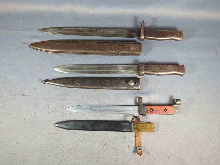 German WW1 Ersatz Bayonet, AK47 First Model Bayonet, And German/Turkish WW1 Ersatz Bayonet, All In Scabbards image