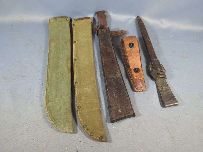 Machete Sheaths, Qty 3, One Is Leather, Bayonet Sheath, And Leather Folding Knife Sheath image