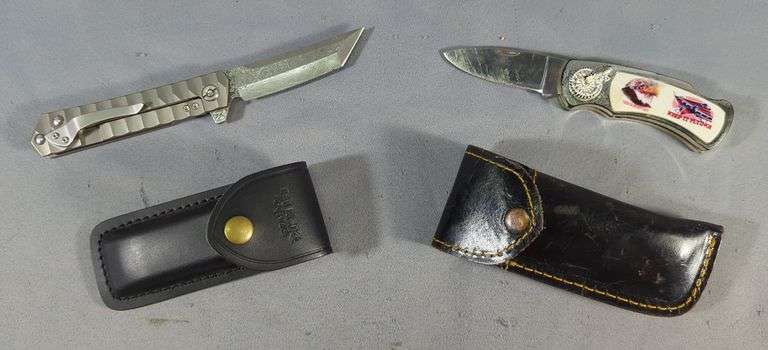 Damascus Steel 3.5" And 2.5" Pocket Knives With Leather Sheaths image