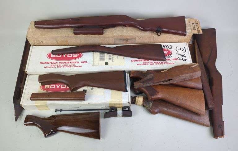 Wood Rifle Stocks, Qty 3, And Wood Shotgun Butt Stocks, Qty 7, Various Styles And Lengths, Some Need Repair image