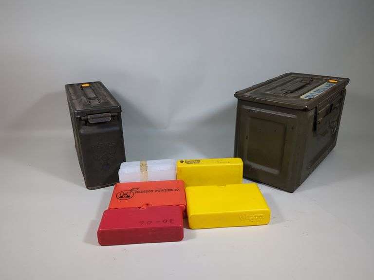 Metal Ammo Cans, Marked TBC And Reeves With Flaming Bomb Insignia, 4" x 7" x 11" And 6" x 7" x 12", And Ammo Holders, Qty 5 image