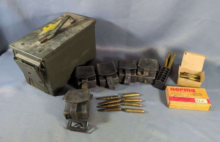 Ammo Assortment, Calibers Include 6.5mm, 7mm, 6.5 Japan, And 45-70 Govt, Approx 56 Rds, Contents Of Metal Ammo Can, 7" x 12" x 6.5", With Leather Ammo Pouches, Qty 5, Local Pickup Only, See Description For Details image