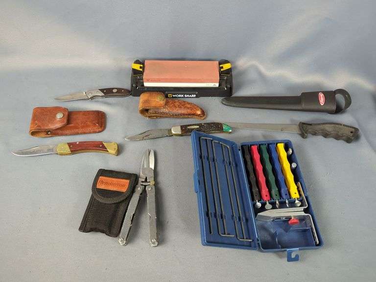 Berkeley Fillet Knife, Monarch 3.5" Folding Knife, Boy Scouts 3" Folding Knife, Schrade 3.5" Folding Knife, Remington Folding Clippers, Work Sharp Sharpening Stone, And Lansky Sharpening Stone Set image