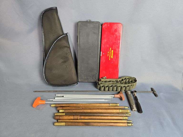 Handgun Soft Cases, Qty 2, Shotshell Belt, Hopp's 9 Bore Snake, Hopp's 9 And Mastercraft Cleaning Kits, And Various Cleaning Rods, Powder Measure, And More image
