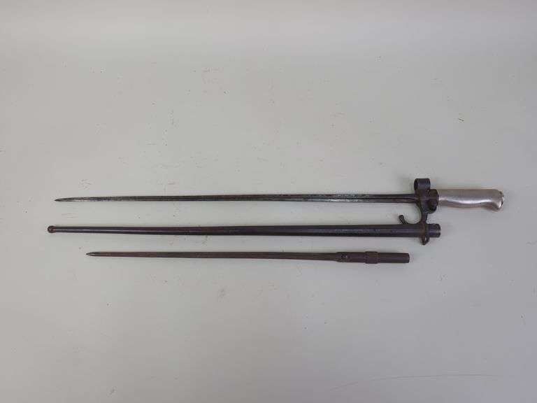 M1886 Rosalie French Lebel Cruciform Bayonet, With Nickle Silver Handle, In Scabbard, And WW2 French Paratroopers Mas 1936 Bayonet image