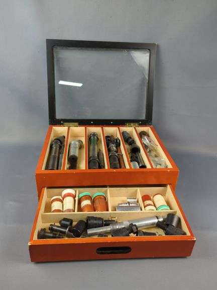 Reloading Tool Assortment, In Wood Organizer With Hinged Glass Lid And Pull-Out Draweranizer With Hinged Glass Lid And Pull-Out Drawer image