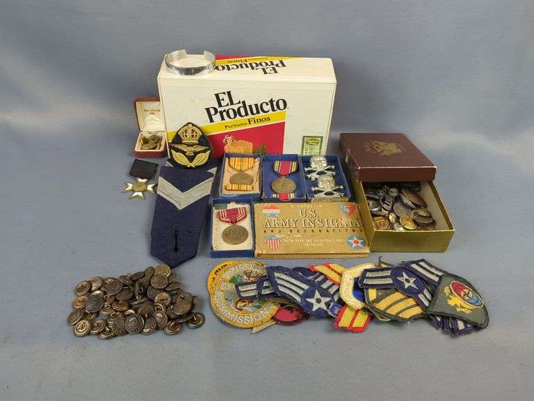 Military Medals, Buttons, Insignia, And More, Includes WWII Victory Medal And Bar, WWII Asiatic Pacific Campaign Medal, Military Good Conduct Medal, US Airforce Buttons, Army Buttons, Military Pins, Insignia Book, Epaulettes, Masonic Medal, And More image