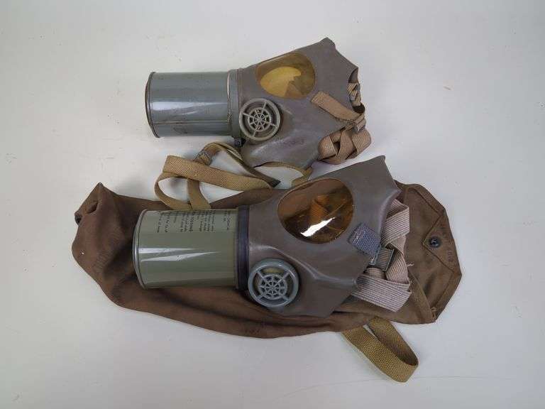 U.S. WWII Gas Masks, Qty 2, Sizes Include Adult Medium And Childs, With One Canvas Carrying Bag image