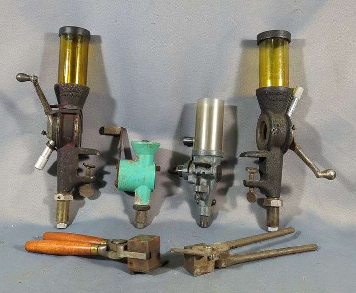Hollywood Gun Shop Micrometer Powder Measure, Qty 2, Unmarked Powder Measures, Qty 2, And Ideal And .32 Cal Bullet Molds image