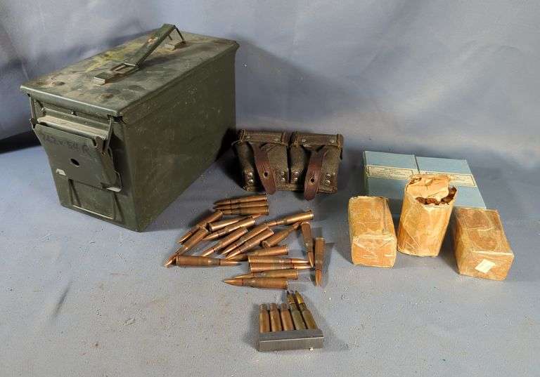 7.62 x 54R Ammo, Approx 152 Rds, Contents Of Metal Ammo Can, 7" x 12" x 6.5", With 1 Ammo Pouch And Stripper Clips, Qty 7, Local Pickup Only image