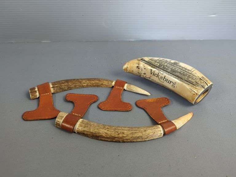 Vicksburg MS Confederate Steamboat Etched Tusk, And Sliced Antler Pair With Leather Straps image