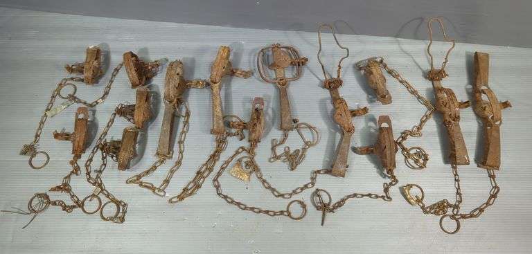 Victor Animal Trap Company Foothold Traps, Qty 14, Various Styles And Condition, Contents Of Wood Crate image