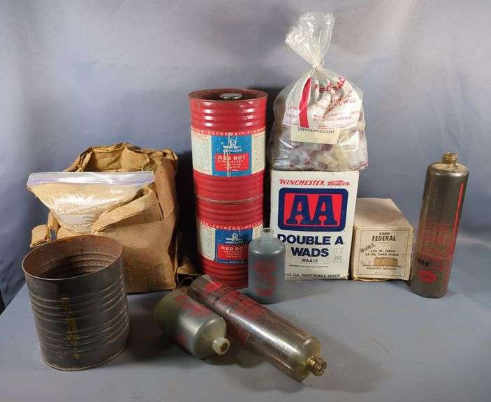 Hercules Red Dot Shotgun Powder, Winchester AA 12 ga Wads, Federal 12 ga Wads, Tumbling Media, Shot, And MEC Powder/Lead Shot Bottles image