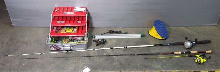 Zebco Silver Hawk Rod And Reel, Accurist IM8 6'6" Rod, Pulse PL100S Reel, And Flambeau Tacklebox With Assorted Tackle image