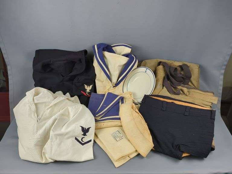 WWII Era US Navy White Uniform With Shirt And Trousers, WWII Era US Navy Blue Uniform With Shirt And Trousers, Navy Cap, Undershorts, US Navy Coveralls, US Navy Plate, And Chinese Navy Uniform image