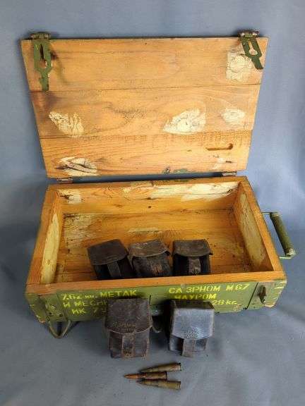 7.62x54R Ammo, Approx 57 Rds, In Leather Ammo Pouches, In Ammo Crate, Local Pickup Only image