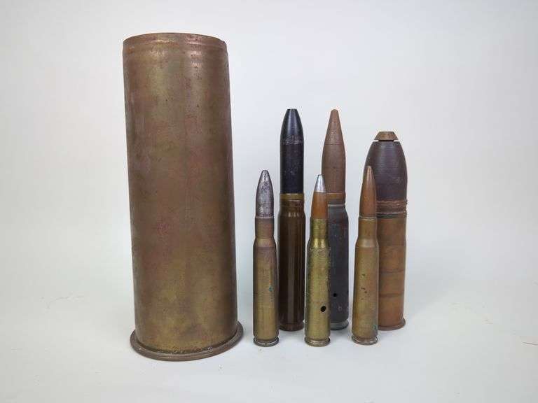 Assorted Military Artillery Shells, Qty 6, Various Sizes, And Artillery Shell Empty Brass, Qty 1 image