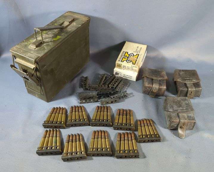 .303 British Ammo, Approx 120 Rds And 10 Empty Brass, Contents Of Metal Ammo Can, 7" x 11" x 4", With Leather Ammo Pouches, Qty 3, Some Ammo On Clips With 13 Extra Clips, Local Pickup Only image