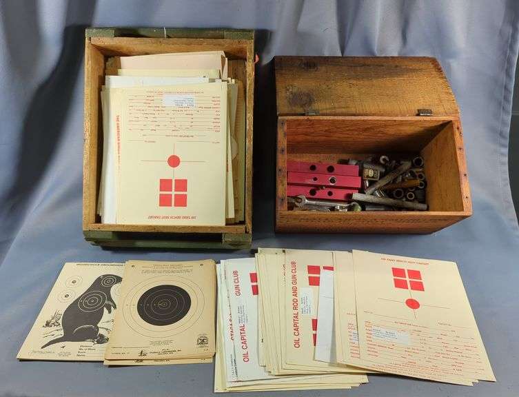 Winchester Small Arms Ammunition Hinged Wood Crate, Contents Include Reloading Supplies Such As Charge Bars, Powder Measures, Star Crimp Starting Die, And More, And Ammo Crate Filled With Target Assortment image