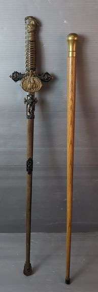 Knights Of Pythias Sword, Marked J. Pettibone/ Cincinnati/ FCB/ J Brooks, Patented January 7th, 1873, 26.5" Blade, In Scabbard, And Walking Stick With Brass Knob image