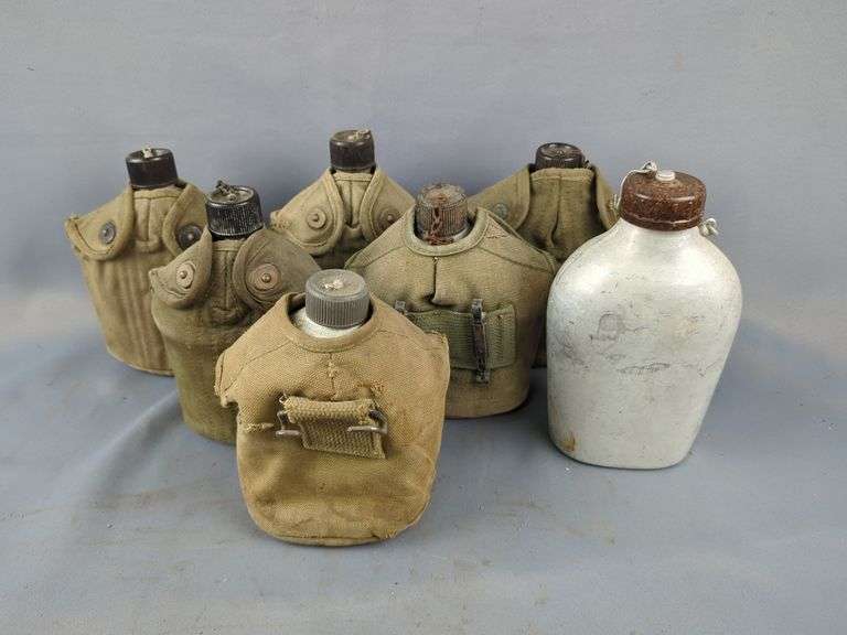 WWII 1944 US Military Canteens In Canvas Cases, Qty 6, And Canteen Marked AM image