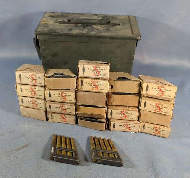 8mm M.30 Scharfe S-Patronen Ammo, Approx 220 Rds, Contents Of Metal Ammo Can, 7" x 12" x 6.5", All In Original Boxes And On Stripper Clips, Local Pickup Only image
