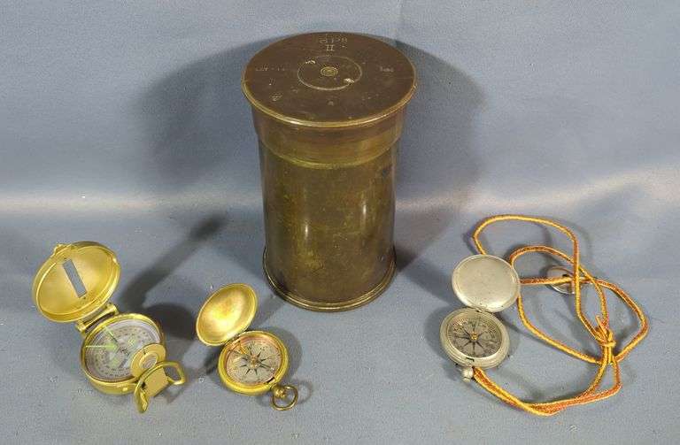 Brass Container Made From An Artillery Shell Casing, With Lid, 6.25" Tall, Military Compasses, Qty 2, And Lensatic Compass image