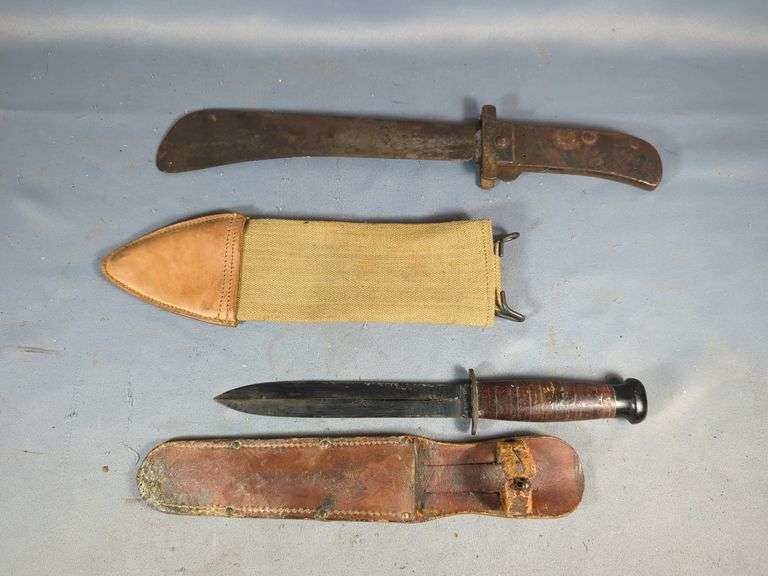 WW2 Case Dagger In Leather Sheath, And Folding Machete, Believed To Be Case, Missing Grip, In Brauer Bros 1918 Canvas And Leather Sheath image