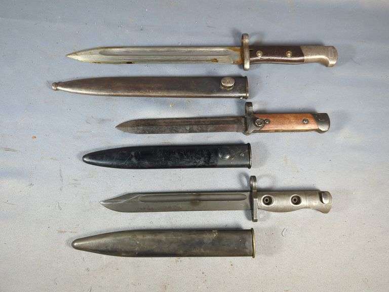 Chilean M1912 Mauser Bayonet, Italian M38 Carcano Carbine Bayonet, And Australian Lithgow Bayonet, All In Scabbards image