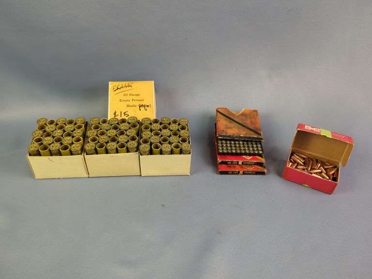 Federal No 209 Primers, Approx Qty 60, Hornady 7mm Cal Bullets, Approx Qty 100, And Empty Primed Paper 20 Ga Shells, Approx Qty 75, Local Pickup Only image