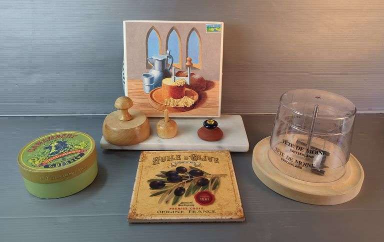 Girolle Cheese Scraper, Tete De Moine Cheese Slicer, Marble Cutting Board, BIA International Camembert Baker For Cheeses And Hot Dips, Cheese Stamp, And More