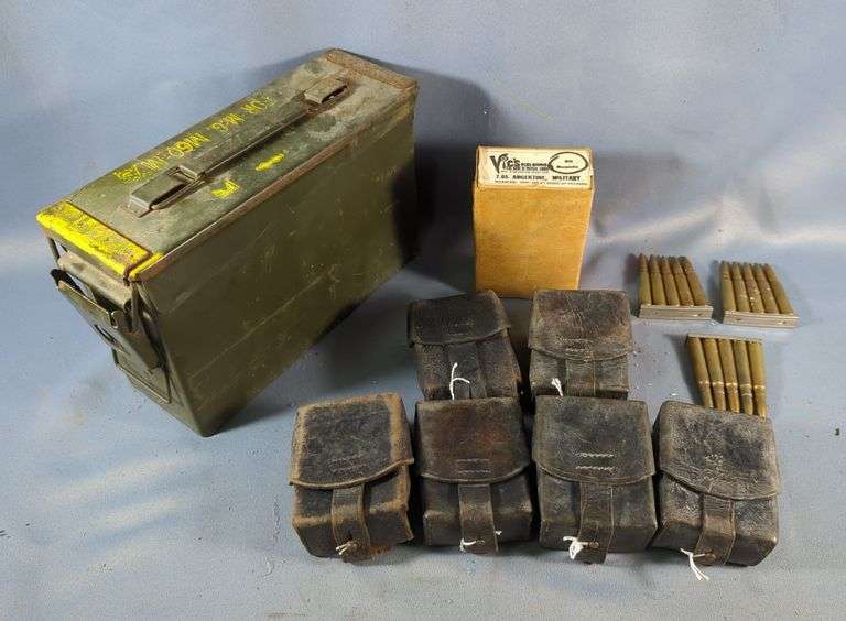 7.65x53mm Argentine Ammo, Approx 153 Rds, With Metal Ammo Can, 7" x 11" x 4", And Leather Ammo Pouches, Qty 6, Local Pickup Only image