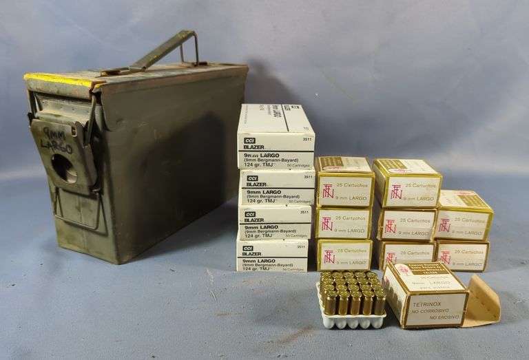 Santa Barbara And CCI 9mm Largo Ammo, Approx 420 Rds And 4 Empty Brass, Contents Of Metal Ammo Can, 7" x 11" x 4", Local Pickup Only image