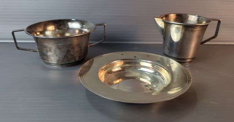 Hallmarked English Sterling Silver Collection Including Sugar Bowl And Creamer, And 925 Stamped Saucer