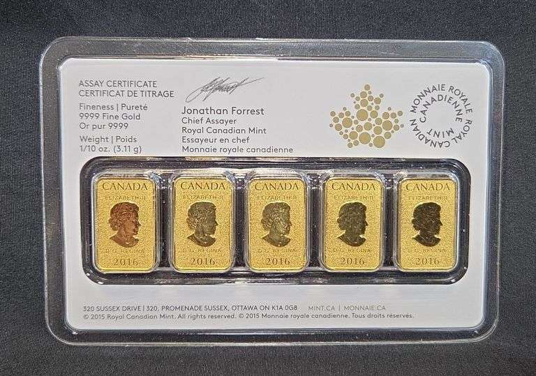 2016 Royal Canadian Mint 1/10 oz Gold Legal Tender $25 5-Bar Set, .9999 Fine Gold