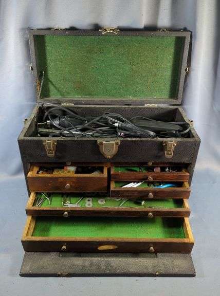 Gerstner & Sons Felt Lined Machinist Tool Box, Montgomery Ward Powr Kraft Dremel, Popular Mechanics Soldering Iron, Sears Roebuck And Co Craftsman Engraver, And Accessories For The Tools, No Key image