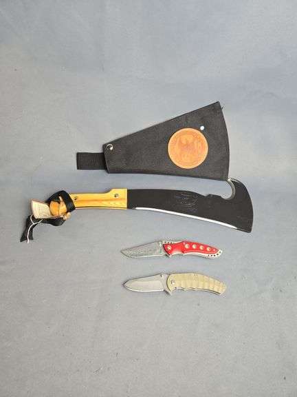Woodsman's Pal Machete No. 481, 10.5" Blade, In NRA Sheath, And Folding Knives Qty 2, Both 3" Blades image