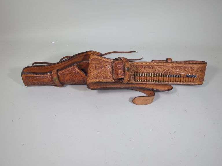Tooled Leather Belt With Holster, Cylinder Holder, And Cartridge Loops, And .22 Cal Ammo, Approx Qty 25 Rds, Local Pickup Only image
