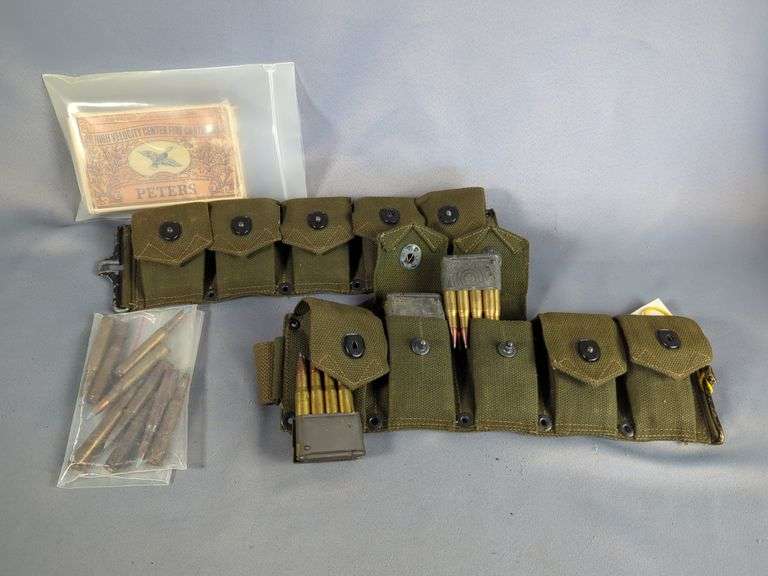 Military Ammo Belt With 30-06 Sprg Ammo In M1 Garand Clips, Approx 100 Rds, And Military 1942 Issue 30-06 Blue Tip Ammo, Approx 9 Rds, And Peters 30-06 Sprg Ammo, Approx 11 Rds And 9 Empty Brass, Local Pickup Only image