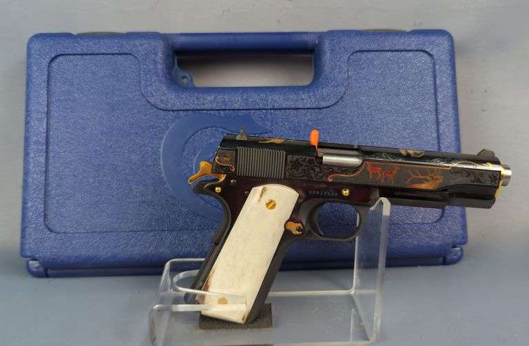 Colt Government Model MK IV .45 Auto Pistol SN# GV023144, 5" NM Bbl, Super High Polished Blue, Custom Engraved Commemorating The RMEF, 24K Gold Accents, Numbered 20 Of 50, Paperwork, In Hard Case image