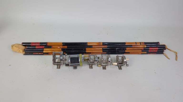 South Bend No. 1000 Anti Back Lash Model G Reel, Unmarked Reels Marked 15C, 30, and 60 (Qty2), And Bamboo 5 Piece Fly Rod, In Sleeve image
