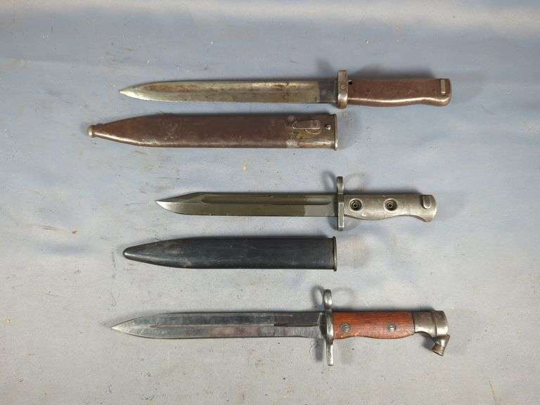 Australian Lithgow Bayonet, Egyptian Hykim Bayonet, And German Late War Ersatz, 2 In Scabbards image