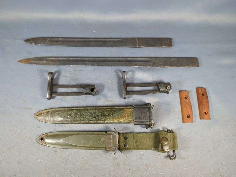 Bayonet Parts Including 16" And 19" Blades, Handles, Qty 2 With No Grips, Grips, And US Scabbards, Qty 2 image