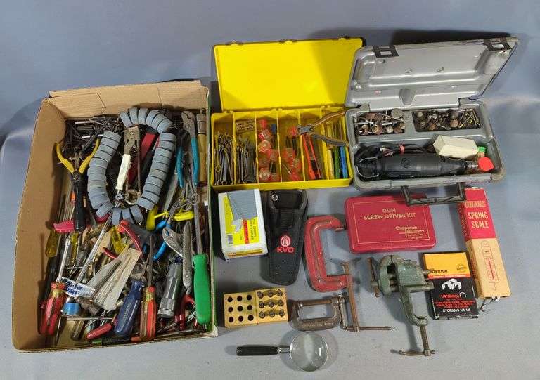 Tool Assortment, Includes Dremel MultiPro, Gun Screwdriver Kit, Allen Wrenches, Screwdrivers, Grinding Stones, C-Clamps, Bench Clamp, Wrenches, Pliers, And More image