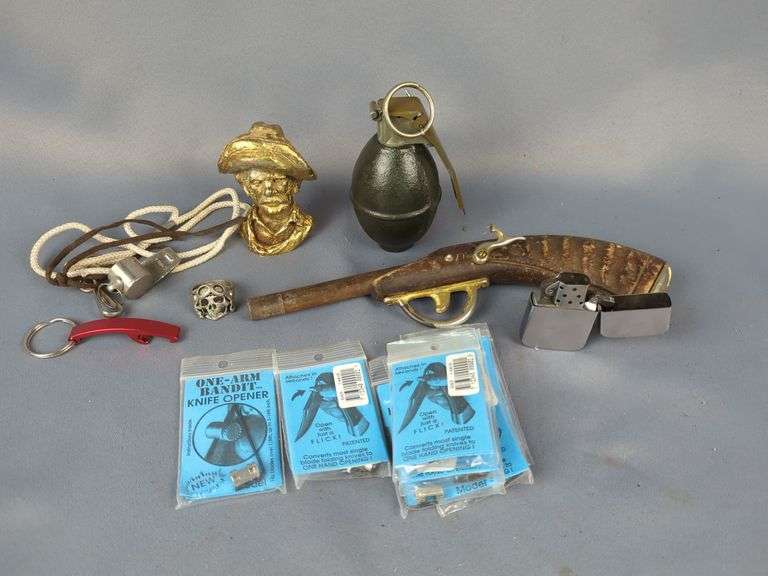 Inert M26 Hand Grenade, Replica Black Powder Pistol Toy, Zippo Lighter, Cowboy Cast Bust, Knife Opener Tools, And More image